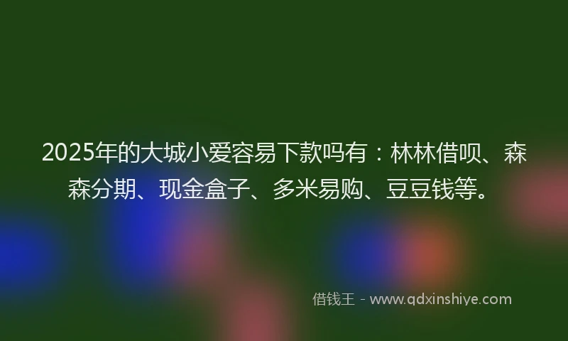 2025年的大城小爱容易下款吗有：林林借呗、森森分期、现金盒子、多米易购、豆豆钱等。