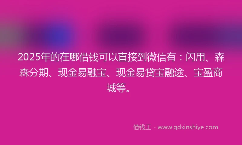 2025年的在哪借钱可以直接到微信有：闪用、森森分期、现金易融宝、现金易贷宝融途、宝盈商城等。