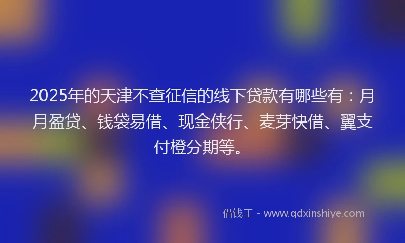 2025年的天津不查征信的线下贷款有哪些有：月月盈贷、钱袋易借、现金侠行、麦芽快借、翼支付橙分期等。