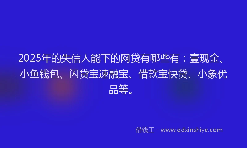 2025年的失信人能下的网贷有哪些有：壹现金、小鱼钱包、闪贷宝速融宝、借款宝快贷、小象优品等。