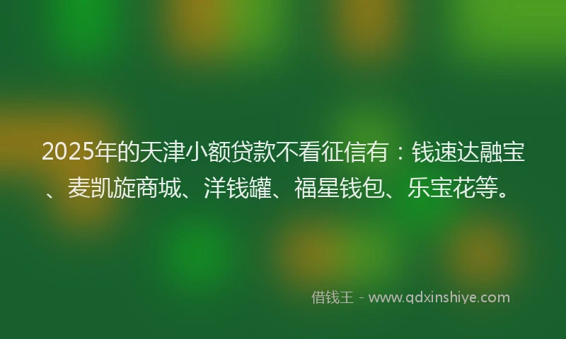 2025年的天津小额贷款不看征信有：钱速达融宝、麦凯旋商城、洋钱罐、福星钱包、乐宝花等。