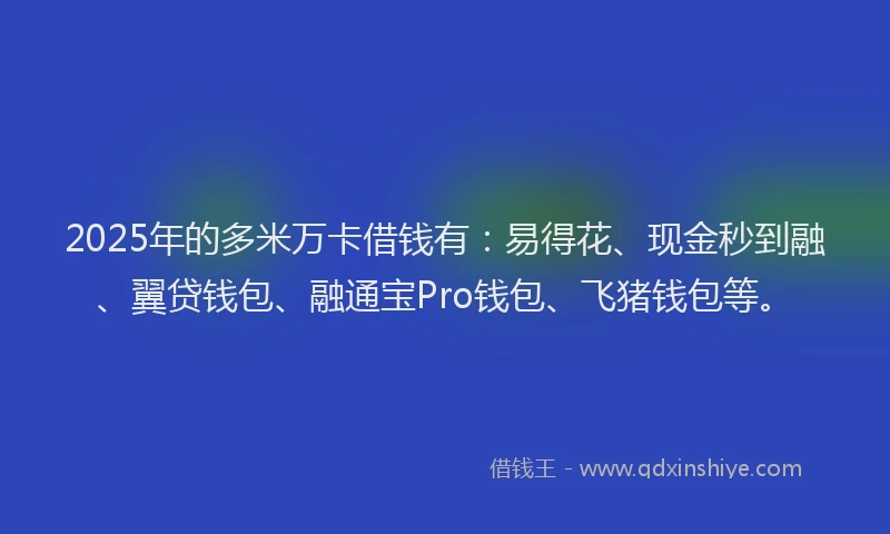 2025年的多米万卡借钱有：易得花、现金秒到融、翼贷钱包、融通宝Pro钱包、飞猪钱包等。