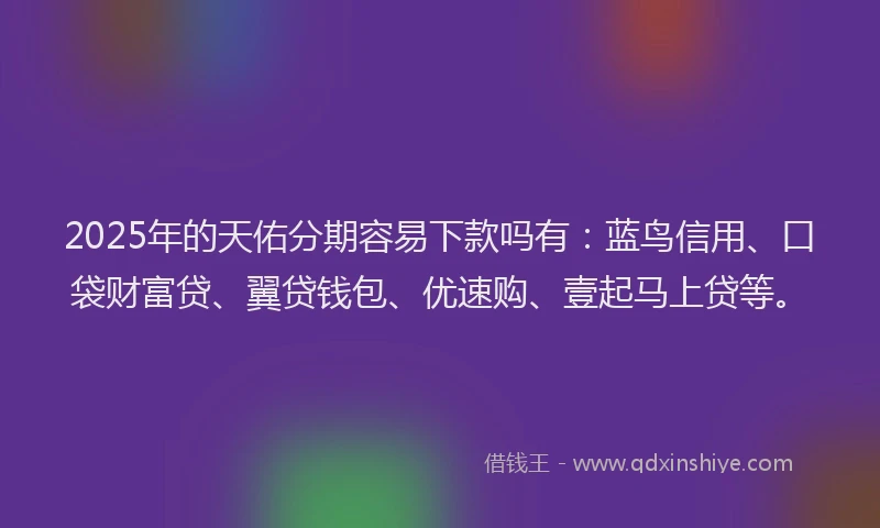 2025年的天佑分期容易下款吗有：蓝鸟信用、口袋财富贷、翼贷钱包、优速购、壹起马上贷等。