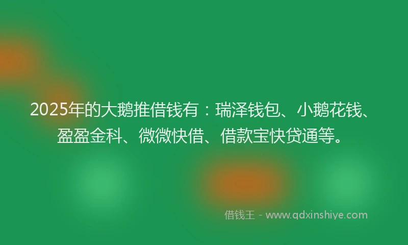 2025年的大鹅推借钱有：瑞泽钱包、小鹅花钱、盈盈金科、微微快借、借款宝快贷通等。