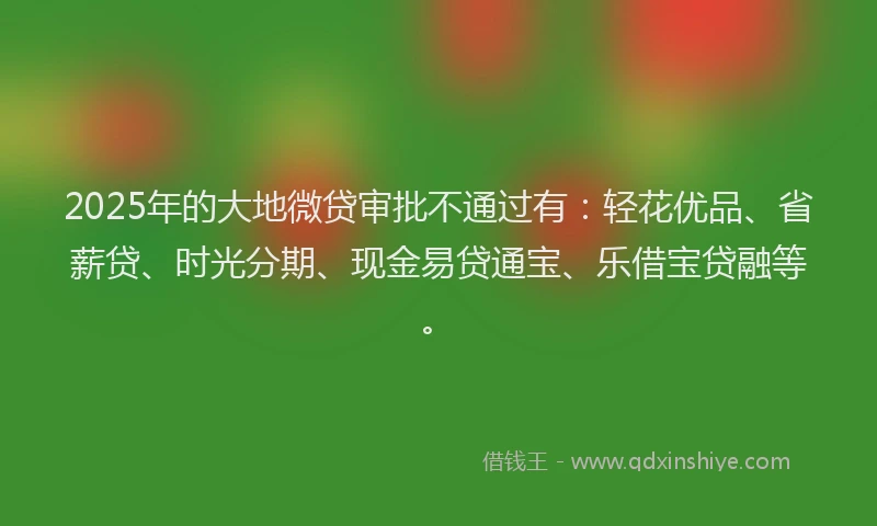 2025年的大地微贷审批不通过有：轻花优品、省薪贷、时光分期、现金易贷通宝、乐借宝贷融等。