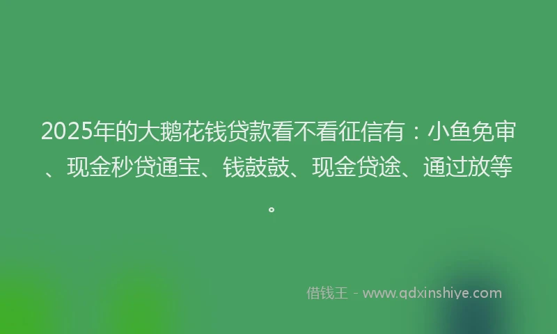 2025年的大鹅花钱贷款看不看征信有：小鱼免审、现金秒贷通宝、钱鼓鼓、现金贷途、通过放等。