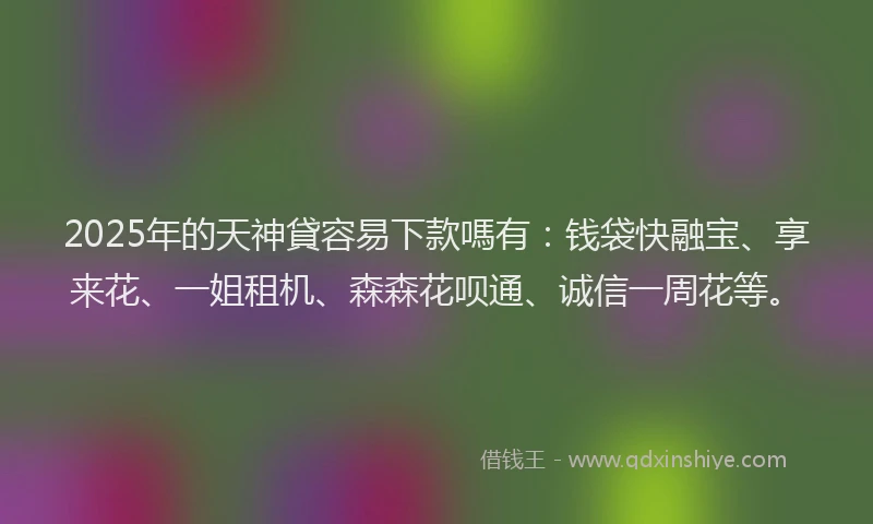 2025年的天神貸容易下款嗎有：钱袋快融宝、享来花、一姐租机、森森花呗通、诚信一周花等。