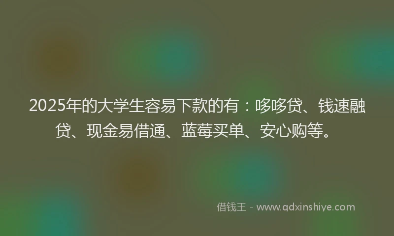 2025年的大学生容易下款的有：哆哆贷、钱速融贷、现金易借通、蓝莓买单、安心购等。