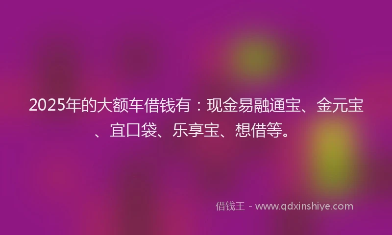 2025年的大额车借钱有：现金易融通宝、金元宝、宜口袋、乐享宝、想借等。