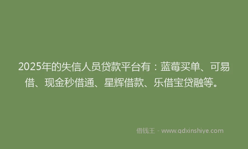 2025年的失信人员贷款平台有：蓝莓买单、可易借、现金秒借通、星辉借款、乐借宝贷融等。