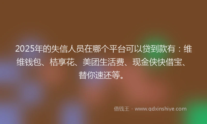 2025年的失信人员在哪个平台可以贷到款有：维维钱包、桔享花、美团生活费、现金侠快借宝、替你速还等。