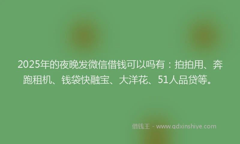 2025年的夜晚发微信借钱可以吗有：拍拍用、奔跑租机、钱袋快融宝、大洋花、51人品贷等。