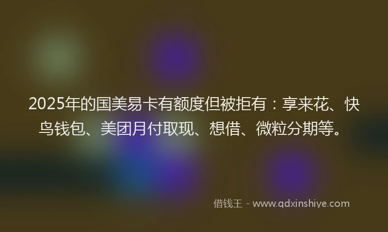 2025年的国美易卡有额度但被拒有：享来花、快鸟钱包、美团月付取现、想借、微粒分期等。