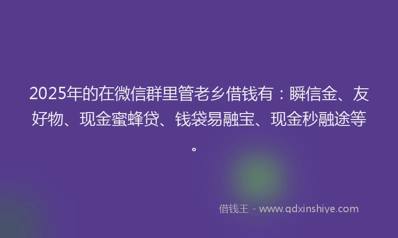 2025年的在微信群里管老乡借钱有：瞬信金、友好物、现金蜜蜂贷、钱袋易融宝、现金秒融途等。