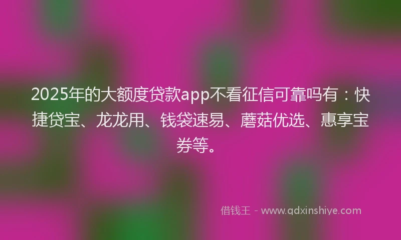2025年的大额度贷款app不看征信可靠吗有：快捷贷宝、龙龙用、钱袋速易、蘑菇优选、惠享宝券等。