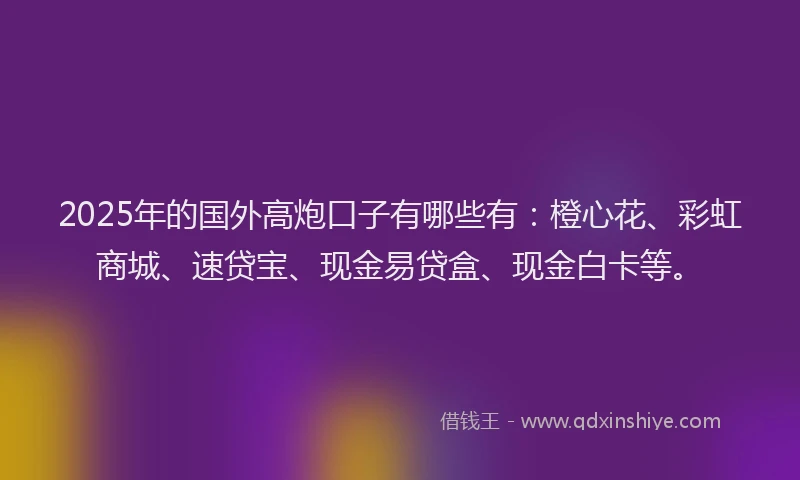 2025年的国外高炮口子有哪些有：橙心花、彩虹商城、速贷宝、现金易贷盒、现金白卡等。