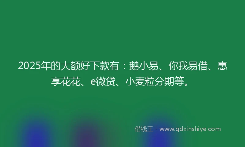 2025年的大额好下款有：鹅小易、你我易借、惠享花花、e微贷、小麦粒分期等。