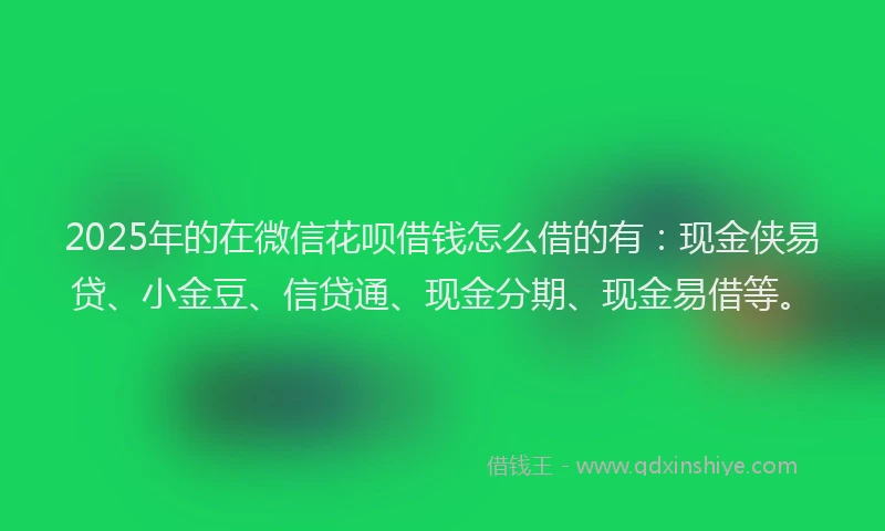 2025年的在微信花呗借钱怎么借的有：现金侠易贷、小金豆、信贷通、现金分期、现金易借等。