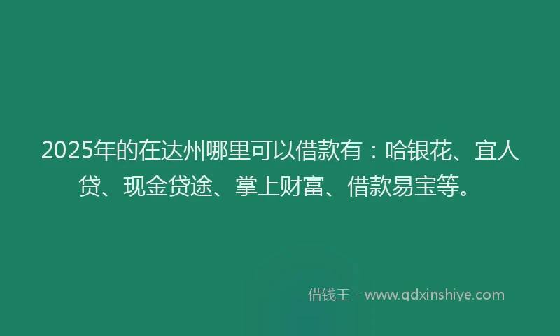 2025年的在达州哪里可以借款有：哈银花、宜人贷、现金贷途、掌上财富、借款易宝等。