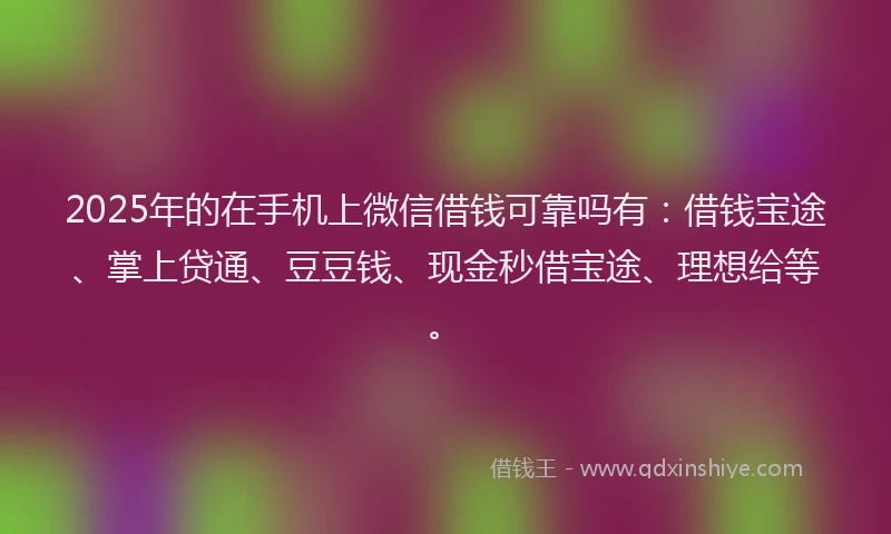 2025年的在手机上微信借钱可靠吗有：借钱宝途、掌上贷通、豆豆钱、现金秒借宝途、理想给等。