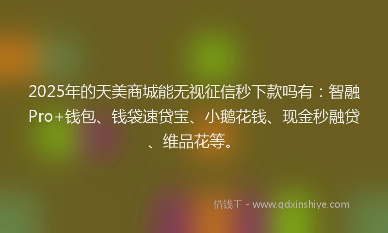 2025年的天美商城能无视征信秒下款吗有：智融Pro+钱包、钱袋速贷宝、小鹅花钱、现金秒融贷、维品花等。