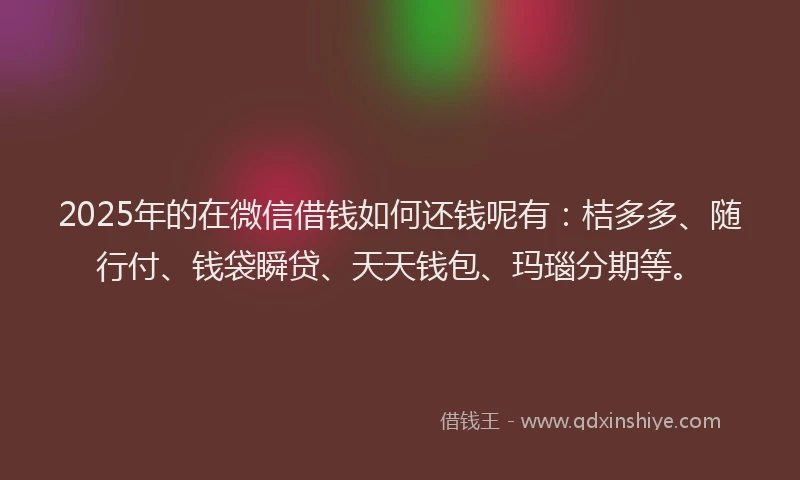 2025年的在微信借钱如何还钱呢有：桔多多、随行付、钱袋瞬贷、天天钱包、玛瑙分期等。