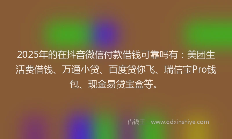 2025年的在抖音微信付款借钱可靠吗有：美团生活费借钱、万通小贷、百度贷你飞、瑞信宝Pro钱包、现金易贷宝盒等。
