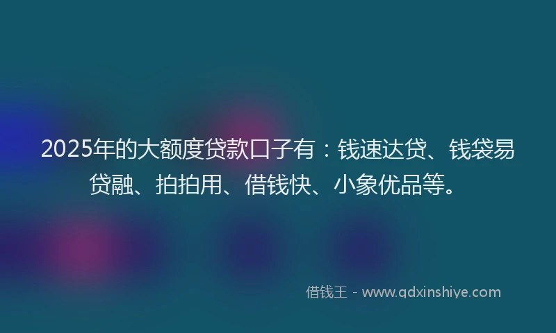 2025年的大额度贷款口子有：钱速达贷、钱袋易贷融、拍拍用、借钱快、小象优品等。