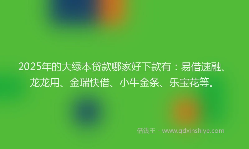 2025年的大绿本贷款哪家好下款有：易借速融、龙龙用、金瑞快借、小牛金条、乐宝花等。