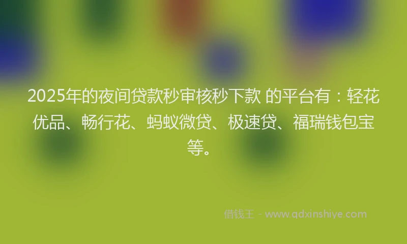2025年的夜间贷款秒审核秒下款 的平台有：轻花优品、畅行花、蚂蚁微贷、极速贷、福瑞钱包宝等。