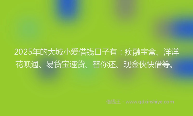 2025年的大城小爱借钱口子有：疾融宝盒、洋洋花呗通、易贷宝速贷、替你还、现金侠快借等。