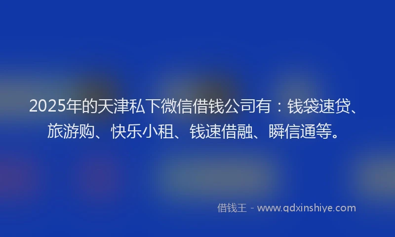 2025年的天津私下微信借钱公司有：钱袋速贷、旅游购、快乐小租、钱速借融、瞬信通等。