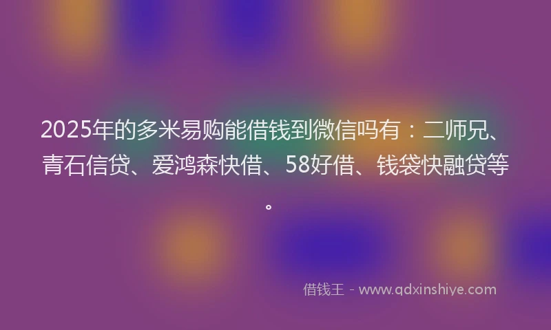 2025年的多米易购能借钱到微信吗有：二师兄、青石信贷、爱鸿森快借、58好借、钱袋快融贷等。