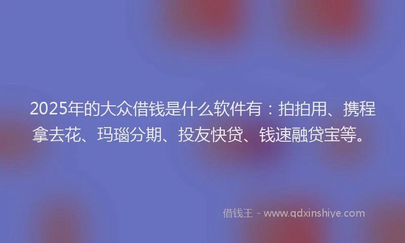 2025年的大众借钱是什么软件有：拍拍用、携程拿去花、玛瑙分期、投友快贷、钱速融贷宝等。