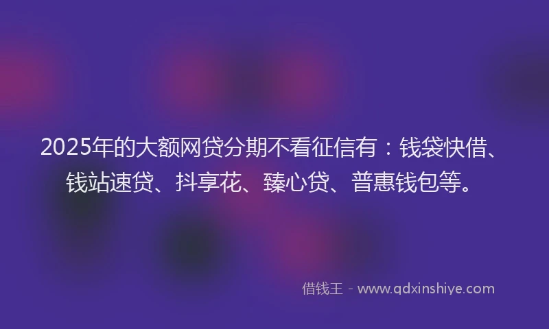2025年的大额网贷分期不看征信有：钱袋快借、钱站速贷、抖享花、臻心贷、普惠钱包等。