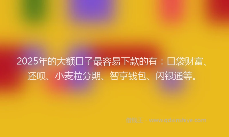 2025年的大额口子最容易下款的有：口袋财富、还呗、小麦粒分期、智享钱包、闪银通等。