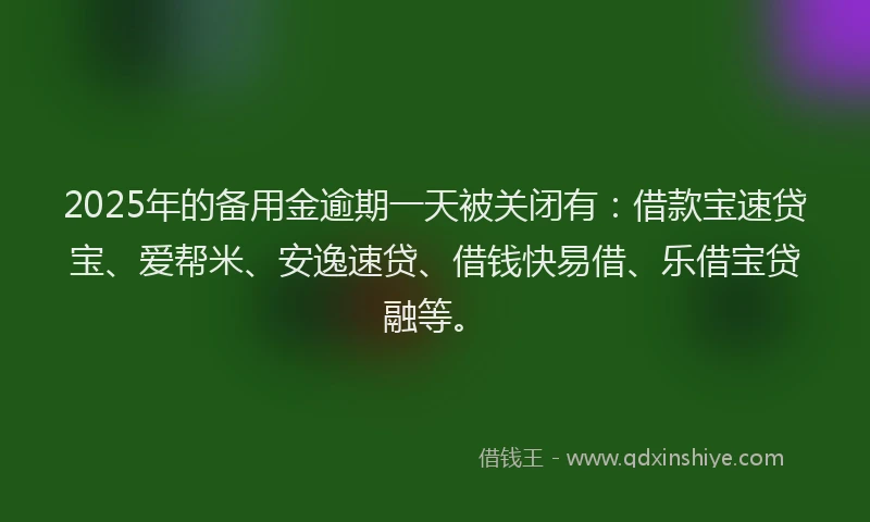 2025年的备用金逾期一天被关闭有：借款宝速贷宝、爱帮米、安逸速贷、借钱快易借、乐借宝贷融等。