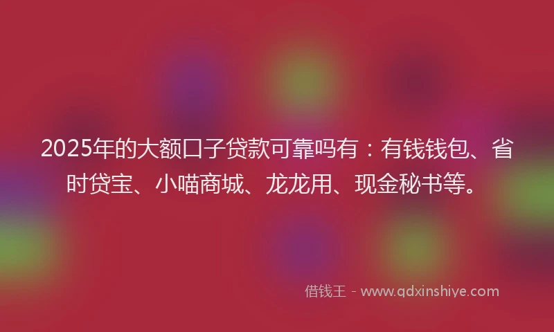 2025年的大额口子贷款可靠吗有:有钱钱包、省时贷宝、小喵商城、龙龙用、现金秘书等。