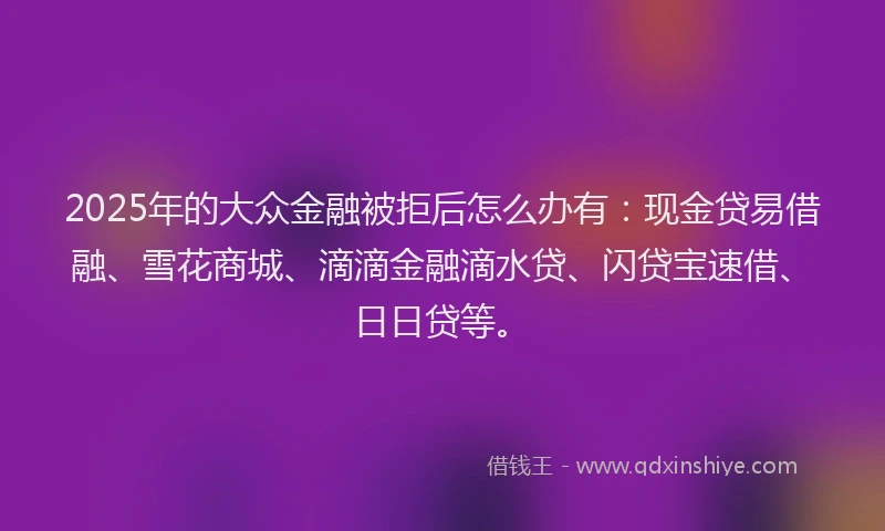 2025年的大众金融被拒后怎么办有：现金贷易借融、雪花商城、滴滴金融滴水贷、闪贷宝速借、日日贷等。