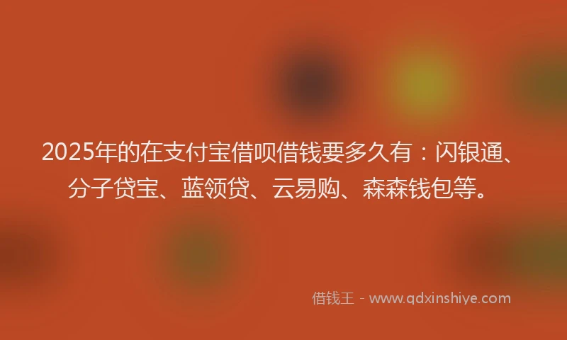 2025年的在支付宝借呗借钱要多久有:闪银通、分子贷宝、蓝领贷、云易购、森森钱包等。