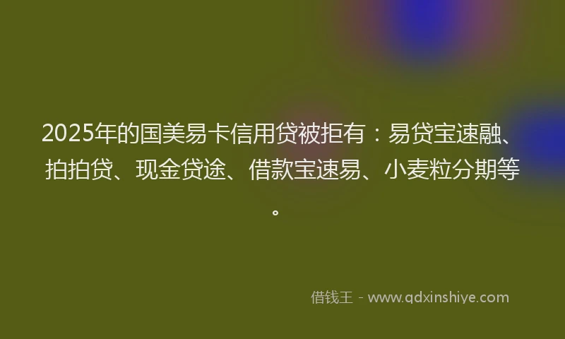 2025年的国美易卡信用贷被拒有：易贷宝速融、拍拍贷、现金贷途、借款宝速易、小麦粒分期等。