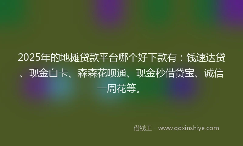 2025年的地摊贷款平台哪个好下款有：钱速达贷、现金白卡、森森花呗通、现金秒借贷宝、诚信一周花等。