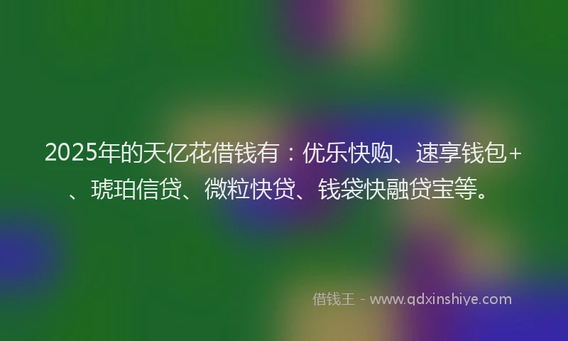 2025年的天亿花借钱有：优乐快购、速享钱包+、琥珀信贷、微粒快贷、钱袋快融贷宝等。