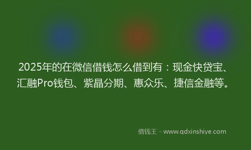2025年的在微信借钱怎么借到有:现金快贷宝、汇融Pro钱包、紫晶分期、惠众乐、捷信金融等。
