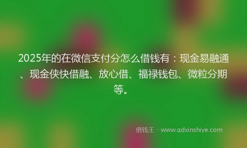 2025年的在微信支付分怎么借钱有：现金易融通、现金侠快借融、放心借、福禄钱包、微粒分期等。