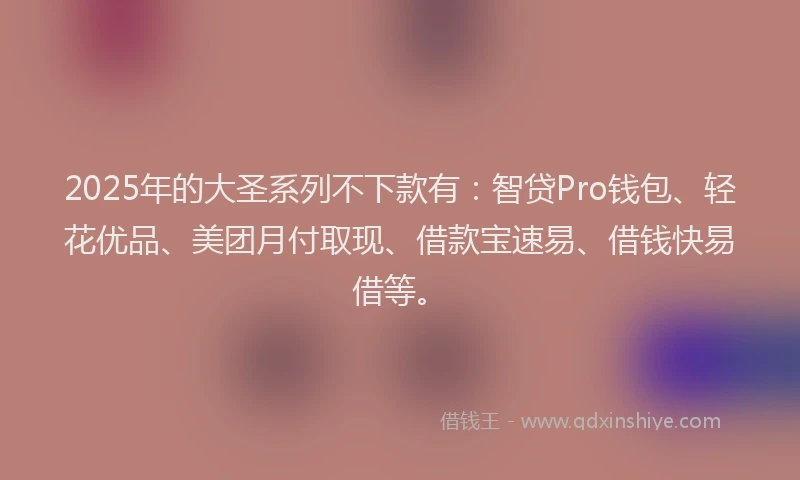 2025年的大圣系列不下款有：智贷Pro钱包、轻花优品、美团月付取现、借款宝速易、借钱快易借等。