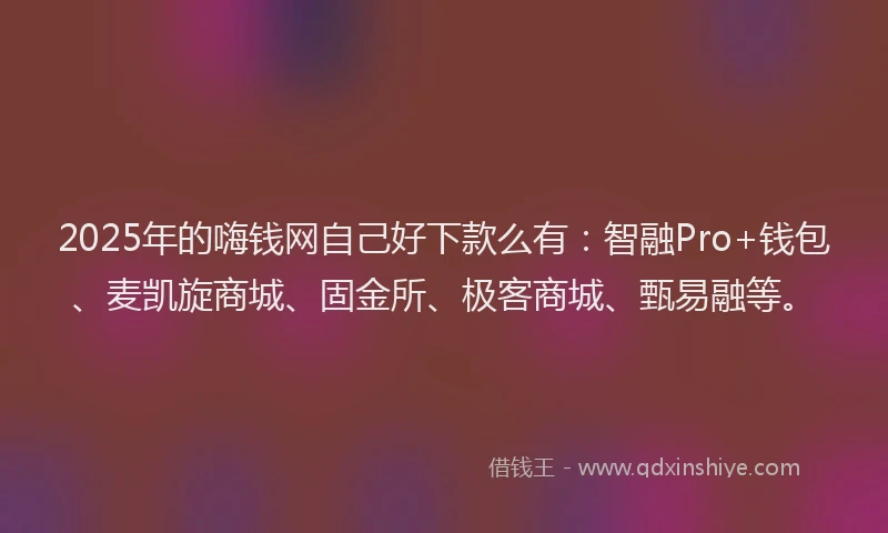 2025年的嗨钱网自己好下款么有：智融Pro+钱包、麦凯旋商城、固金所、极客商城、甄易融等。