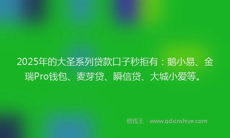 2025年的大圣系列贷款口子秒拒有：鹅小易、金瑞Pro钱包、麦芽贷、瞬信贷、大城小爱等。