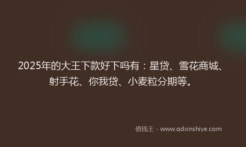 2025年的大王下款好下吗有：星贷、雪花商城、射手花、你我贷、小麦粒分期等。
