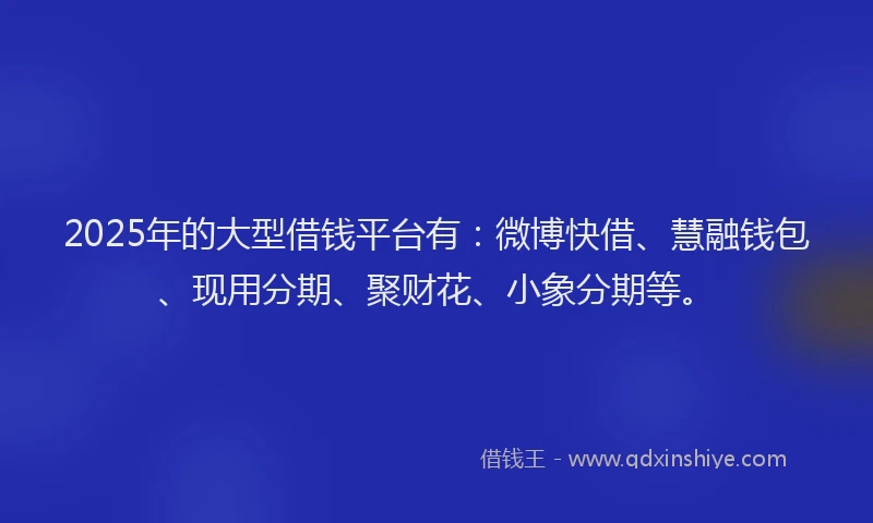 2025年的大型借钱平台有：微博快借、慧融钱包、现用分期、聚财花、小象分期等。